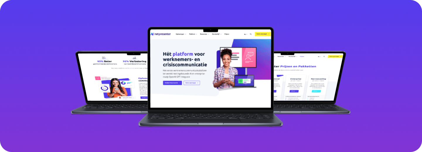 Drie laptops met de Netpresenter homepage, een platform voor werknemers- en crisiscommunicatie, op een paarse achtergrond.