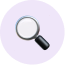 Vergrootglas-icoon op een paarse cirkelachtergrond, symboliseert zoeken of ontdekken.