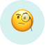 Emoji met monocle kijkt nieuwsgierig naar iets. Gele gezicht expressie met blauwe achtergrond.