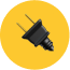 Black electrical plug icon on yellow circular background, symbolizing connectivity and power in a minimalist design.