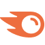 Semrush logo, oranje vuurbal met een witte stip, symbool voor digitale marketing en SEO-tools.