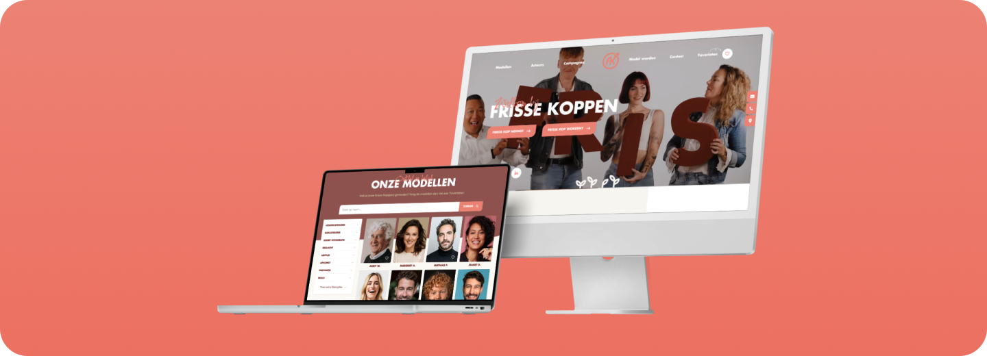Twee computerschermen met een modellenwebsite op een oranje achtergrond, met het onderwerp Frisse Koppen.