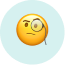 Emoji met monocle kijkt nieuwsgierig naar iets. Gele gezicht expressie met blauwe achtergrond.