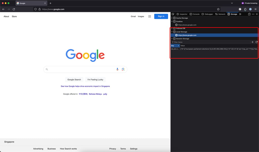 Google startpagina op een computerscherm met de local storage webontwikkelaarstools geopend. ​