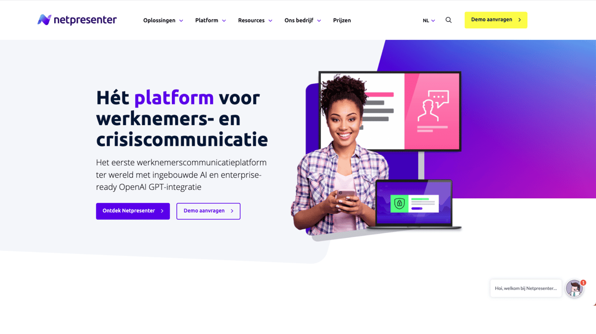 Netpresenter-platform voor effectieve werknemers- en crisiscommunicatie met AI en OpenAI GPT-integratie. Vraag een demo aan.