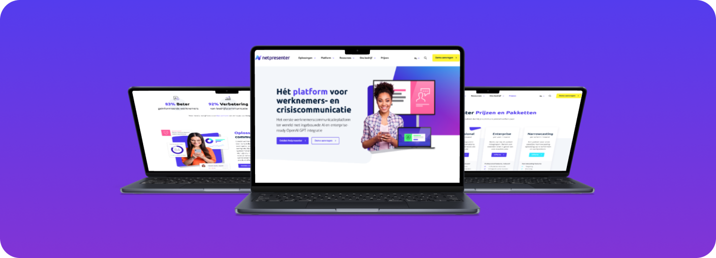 Drie laptops met de Netpresenter homepage, een platform voor werknemers- en crisiscommunicatie, op een paarse achtergrond.