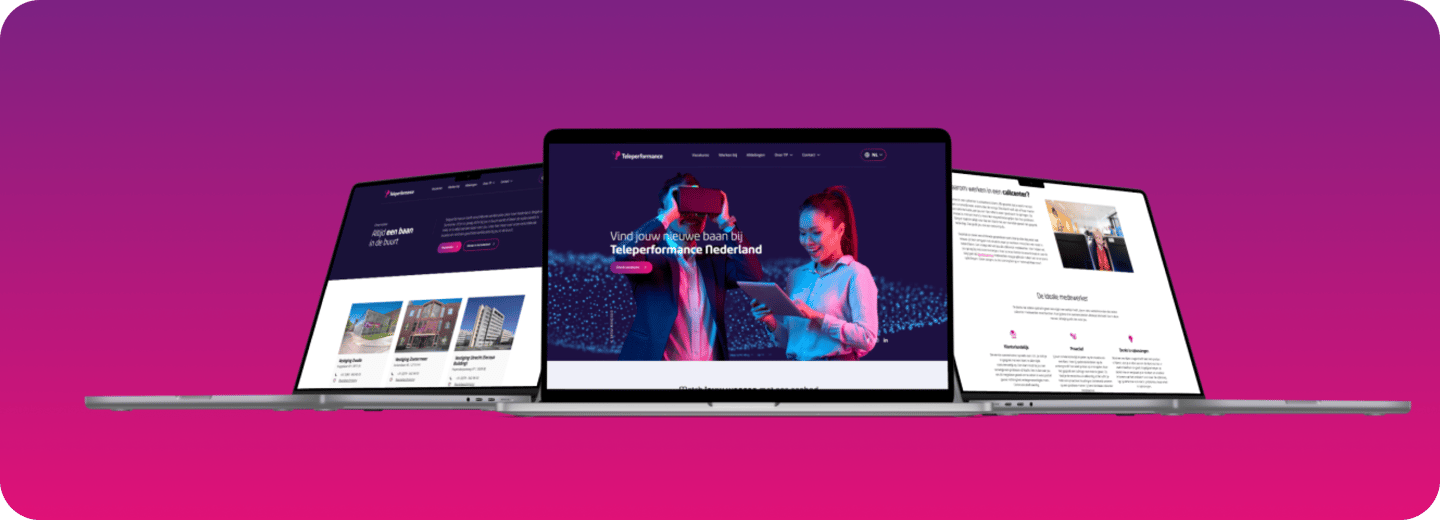 Drie laptops met Teleperformance website, promotie van banen en carrièremogelijkheden, tegen een roze/paarse achtergrond.