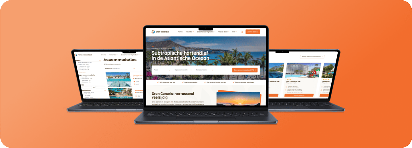 Travel website Gran Canaria displayed on three laptops with results for accommodations and travel information.