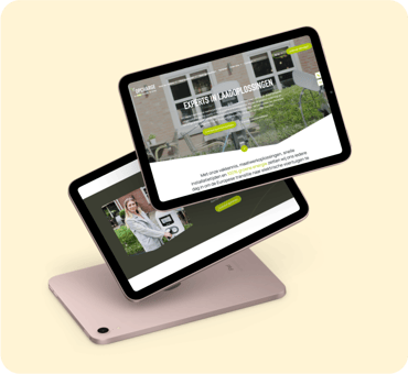 Two overlapping tablets display a website about electric vehicle charging solutions (Opcharge) against a cream background.