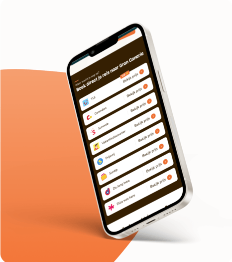 Mobile phone displaying an app for booking direct trips to Gran Canaria from multiple travel agencies.