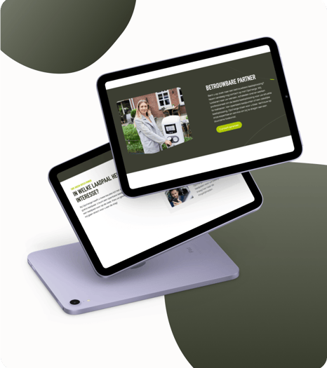 Two tablets displaying a webpage about electric vehicle charging stations on a green and white background.