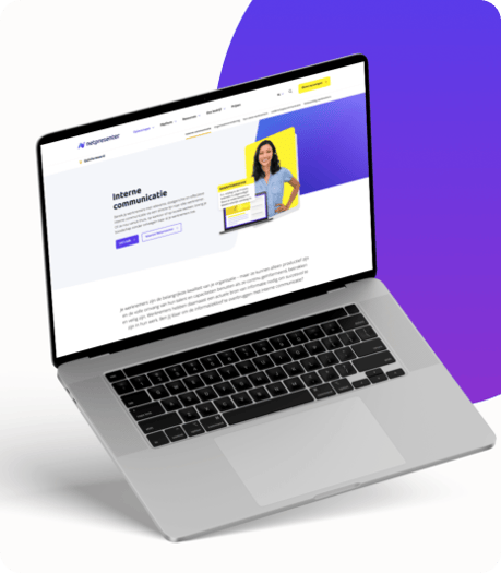 Laptop toont website voor interne communicatie met kleurrijke achtergrond.