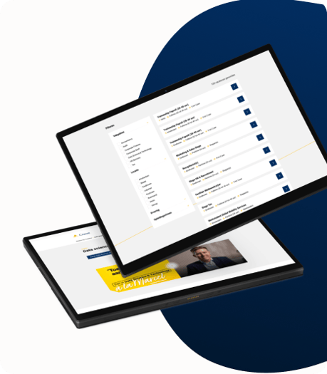 Twee tablets met open gegevensanalyse-apps en een professioneel presentatieontwerp op een blauw-witte achtergrond.