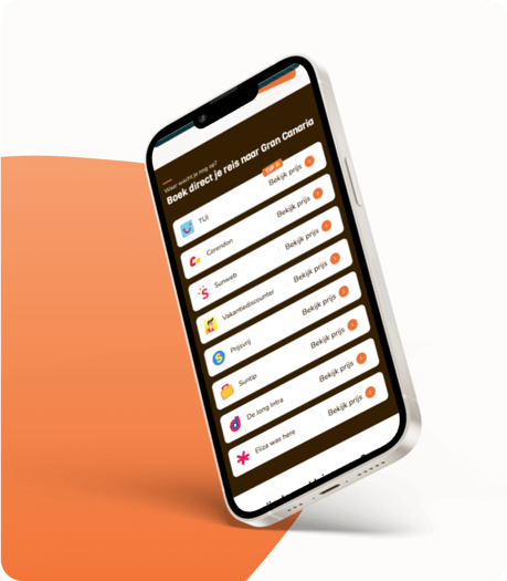 Mobile phone displaying an app for booking direct trips to Gran Canaria from multiple travel agencies.