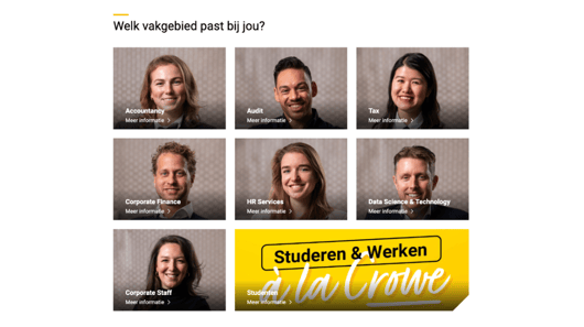 Ontdek welk vakgebied bij jou past: Accountancy, Audit, Tax, Corporate Finance, HR, Data Science of Corporate Staff.