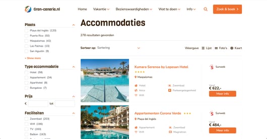 Gran-canaria.nl accommodation search page showing hotels in Maspalomas and Playa del Inglés with prices.