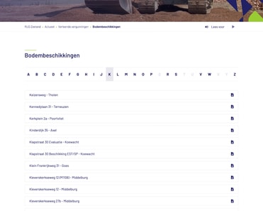 Bodemvergunningenoverzicht met alfabetische locaties en wegdetails onder Bodembeschikkingen op RUD Zeeland.