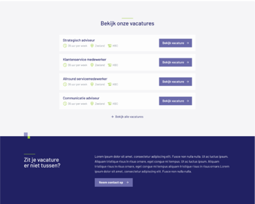 Vacatureoverzicht met functies: strategisch adviseur, klantenservice, allround service, communicatie. Neem contact op.