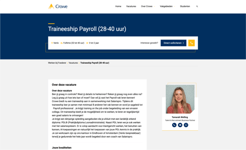 Vacaturepagina voor een payroll traineeship bij Crowe in Venlo, 28-40 uur, inclusief sollicitatieopties en contactpersoon.