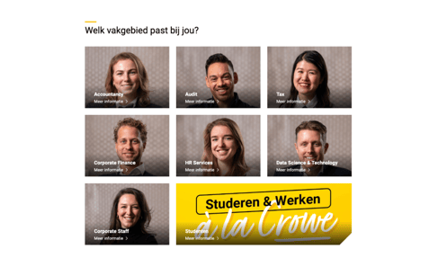 Ontdek welk vakgebied bij jou past: Accountancy, Audit, Tax, Corporate Finance, HR, Data Science of Corporate Staff.