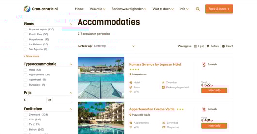 Gran-canaria.nl accommodation search page showing hotels in Maspalomas and Playa del Inglés with prices.