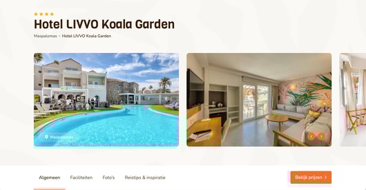 Hotel LIVVO Koala Garden in Maspalomas, featuring an outdoor pool and a modern, tropical-themed room interior.