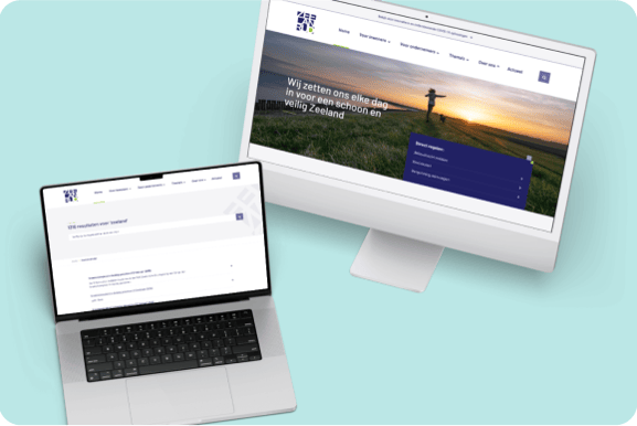 Websites van een Zeelandse organisatie op laptop en desktop tegen een mintgroene achtergrond.