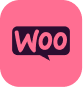 Woocommerce logo in roze met zwarte tekst, symbool van e-commerce oplossingen voor online winkels op roze achtergrond.