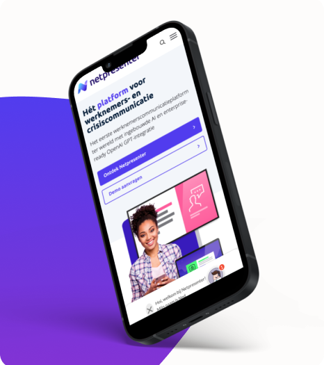 Smartphone with Netpresenter website for internal communication and crisis management, including AI functions, on screen.