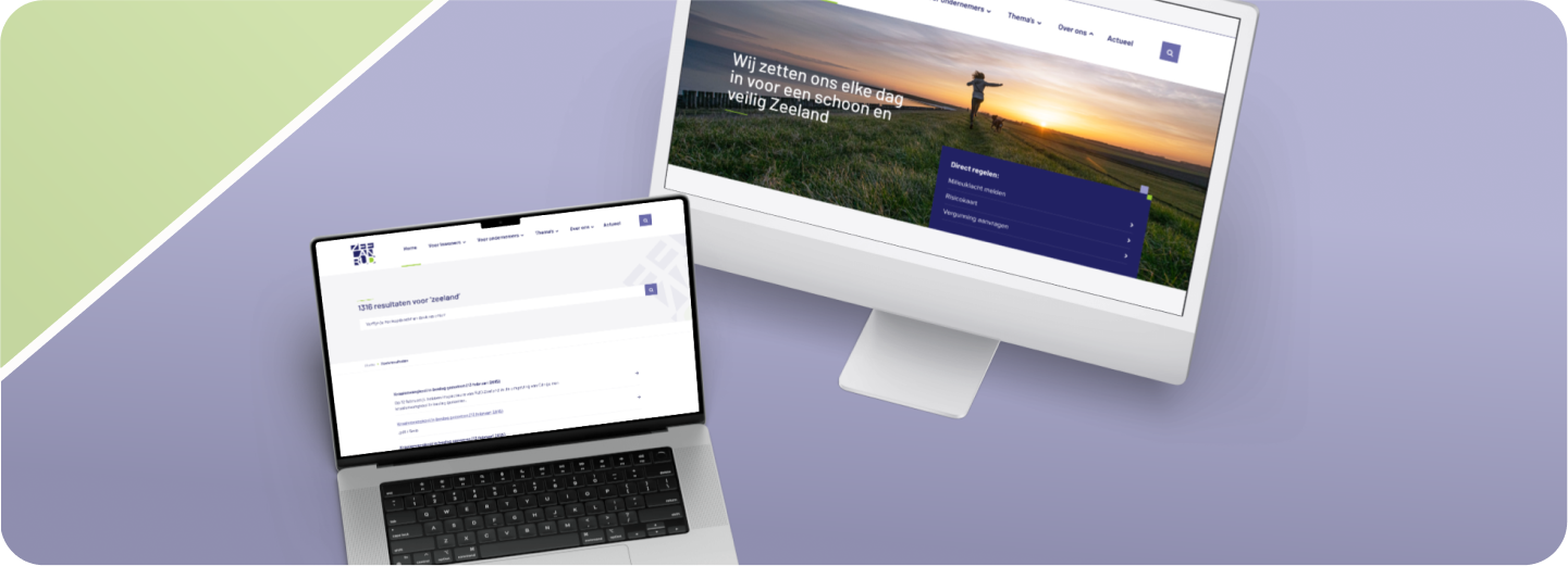 Laptopscherm en monitor tonen website voor schoon en veilig Zeeland, met zoekresultaten en navigatiemenu.