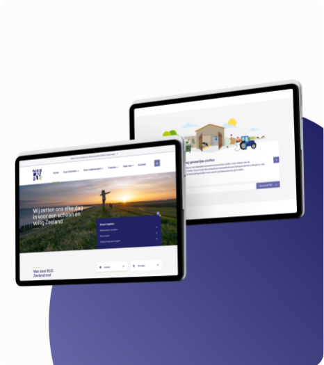 Twee tablets met websites over RUD Zeeland en veilige omgeving in beeld, op een blauwe achtergrond.