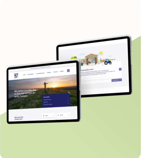 Twee tablets tonen websites voor schone en veilige initiatieven in Zeeland, met een groene achtergrond.