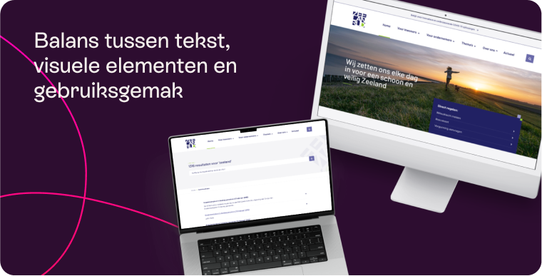 Twee schermen tonen een website-ontwerp met de focus op balans tussen tekst, visuele elementen en gebruiksvriendelijkheid.