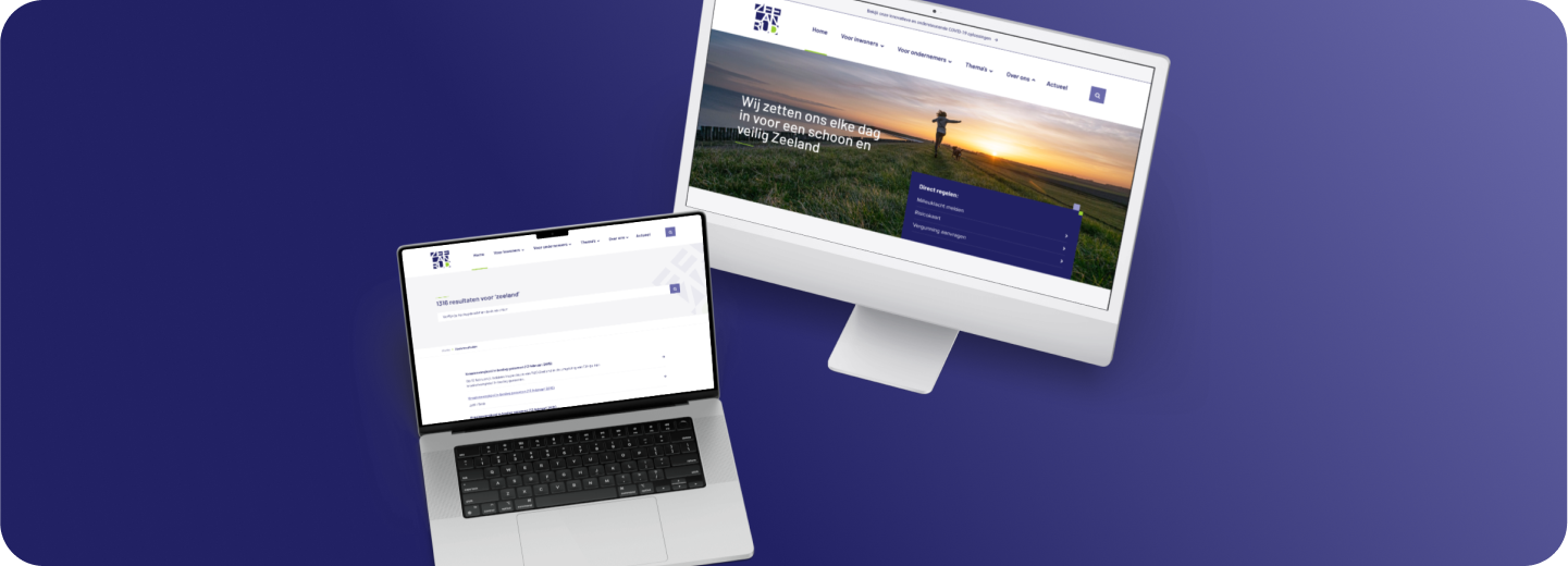 Laptopscherm en computermonitor met een website voor duurzaamheid in Zeeland, tegen een blauwe achtergrond.