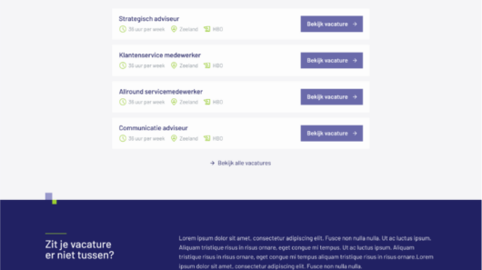 Vacatureoverzicht met functies: strategisch adviseur, klantenservice, allround service, communicatie. Neem contact op.