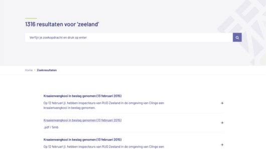 Zoekresultatenpagina voor 'zeeland' met 1316 resultaten op de site van ZRUD, inclusief informatie over inbeslagname.