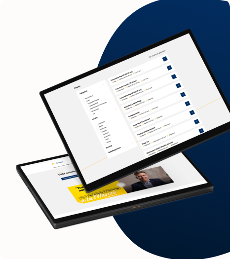 Twee tablets met open gegevensanalyse-apps en een professioneel presentatieontwerp op een blauw-witte achtergrond.