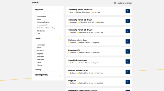 Vacatureoverzicht met filters voor vakgebied, locatie en ervaring, inclusief verschillende stages en traineeships.