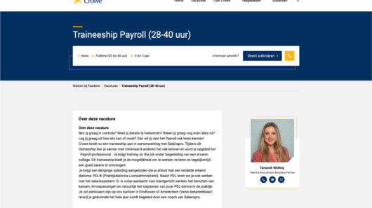 Vacaturepagina voor een payroll traineeship bij Crowe in Venlo, 28-40 uur, inclusief sollicitatieopties en contactpersoon.