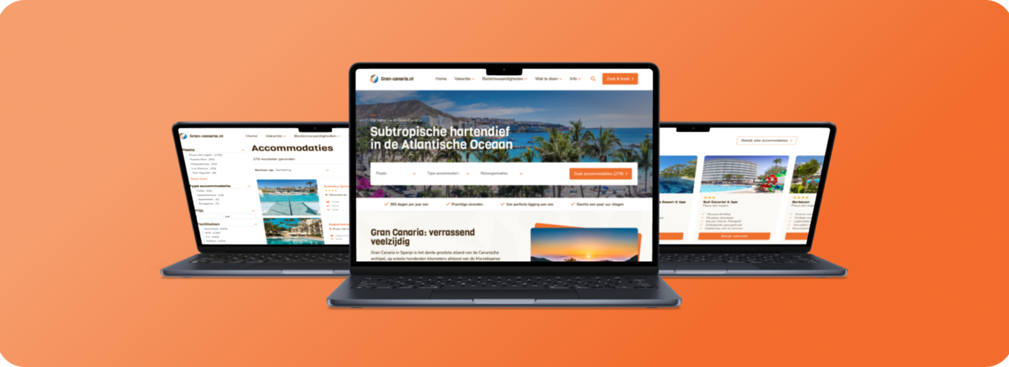 Travel website Gran Canaria displayed on three laptops with results for accommodations and travel information.