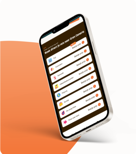 Mobile phone displaying an app for booking direct trips to Gran Canaria from multiple travel agencies.