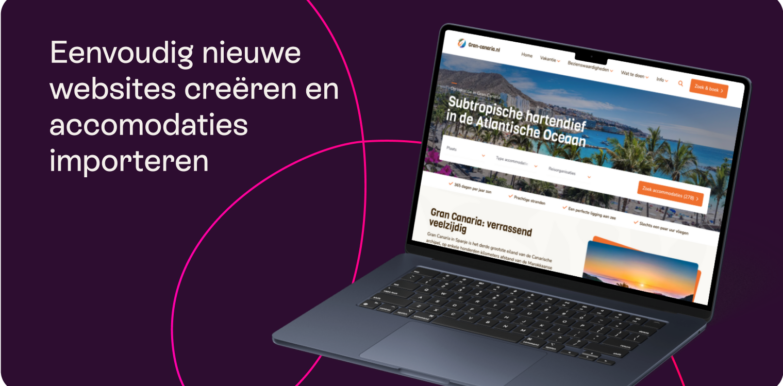 Laptop displaying a travel website, next to Dutch text: Eenvoudig nieuwe websites creëren en accommodaties importeren.