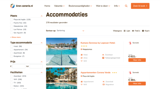 Gran-canaria.nl accommodation search page showing hotels in Maspalomas and Playa del Inglés with prices.