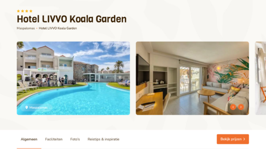 Hotel LIVVO Koala Garden in Maspalomas, featuring an outdoor pool and a modern, tropical-themed room interior.