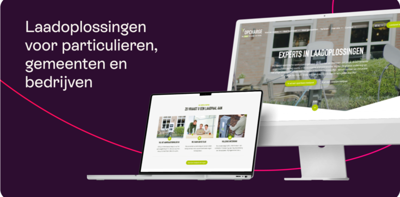 Dutch text reading Laadoplossingen voor particulieren, gemeenten en bedrijven with computer screens displaying charging solutions.