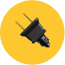 Black electrical plug icon on yellow circular background, symbolizing connectivity and power in a minimalist design.