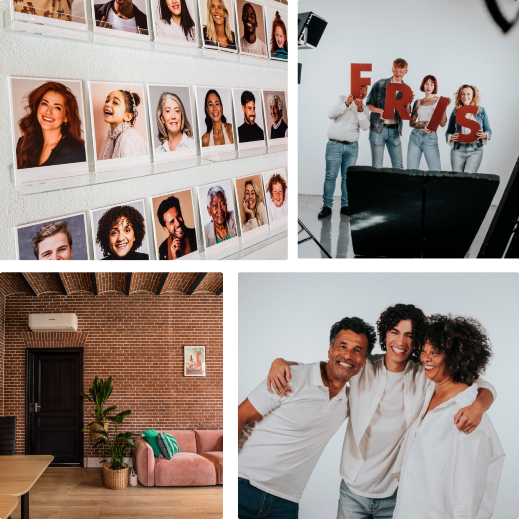 A collage of diverse portraits, a group holding letters spelling fris, a cozy living room, and a happy trio embracing.