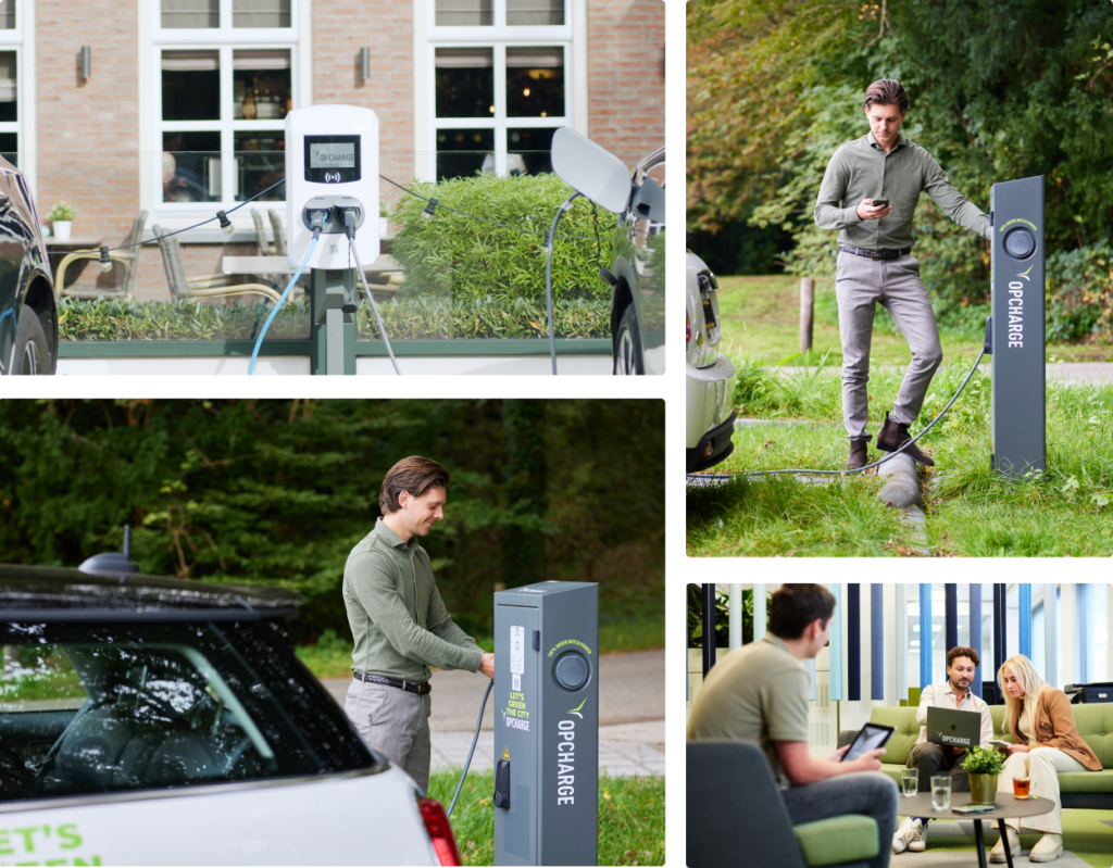 Man charging electric car at opcharge station in multiple settings, showcasing eco-friendly technology and sustainable living.