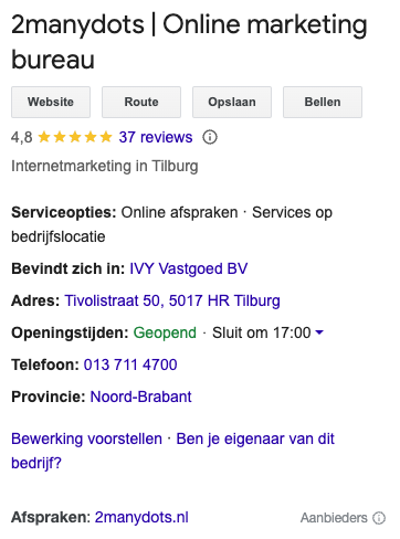 Voorbeeld lokale zoekopdracht in google met local pack